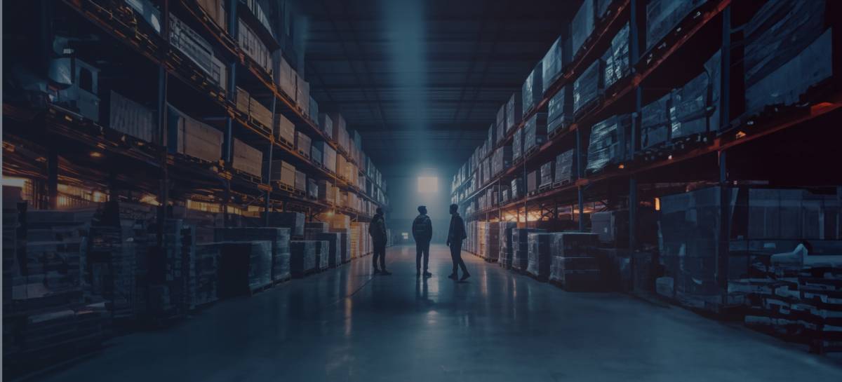 Bilde av tre arbeider inne i et lager